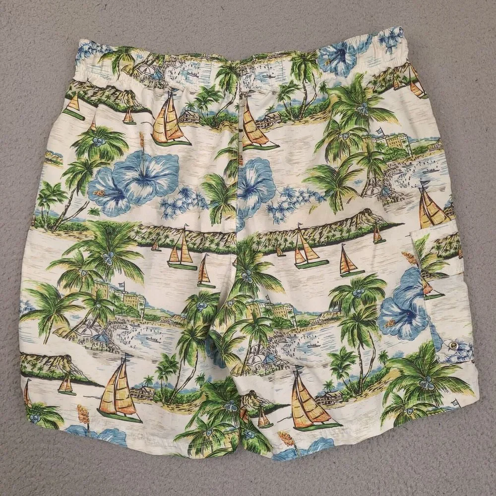 Croft &‎ Barrow Swim Trunks Mens Large White Hawaiian Floral Sailboat Palm Lined